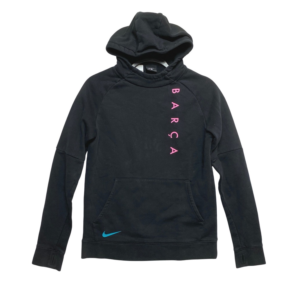 Nike Hoodie Kids L Black FC Barcelona Barca Pullover Thumbhole Raglan Fleece